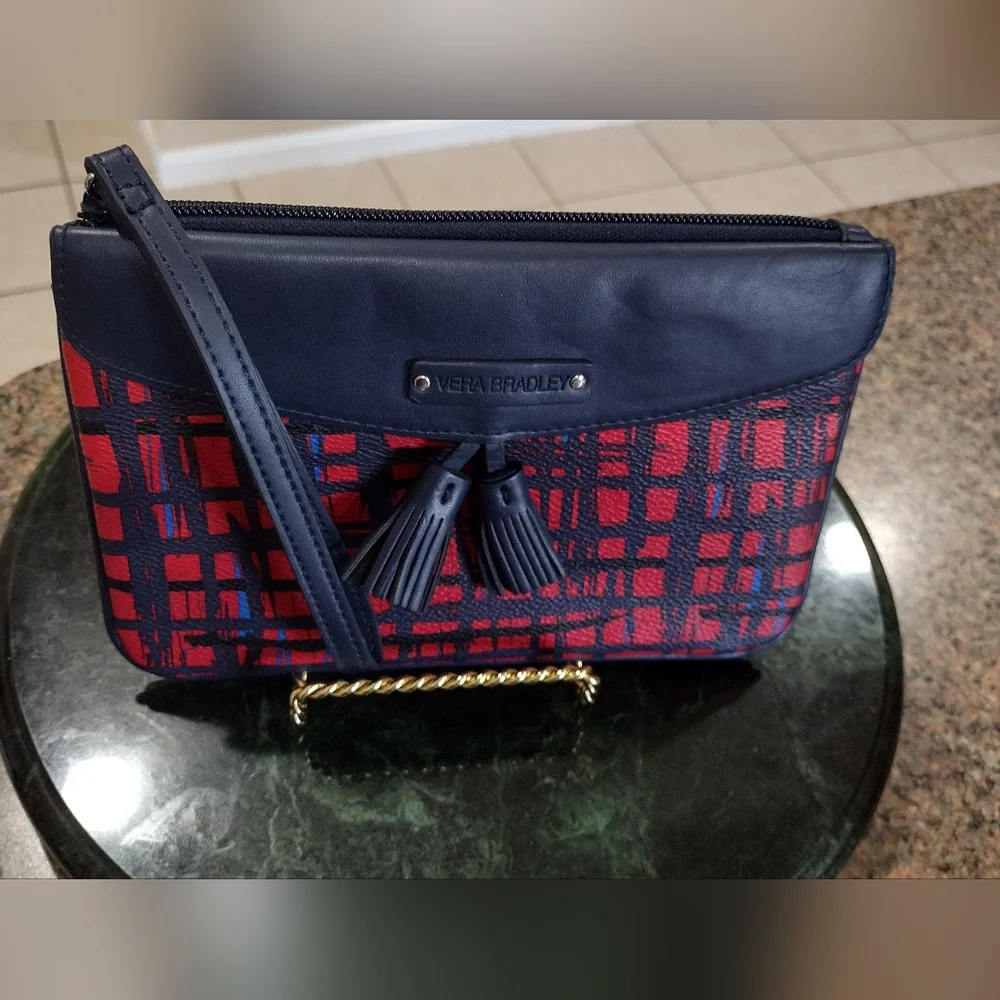 Vera Bradley Tassel Wristlet in Navy/Red Art Plaid